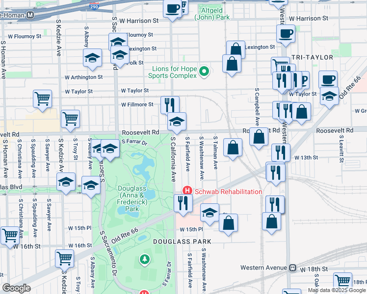 map of restaurants, bars, coffee shops, grocery stores, and more near 1253 South Fairfield Avenue in Chicago