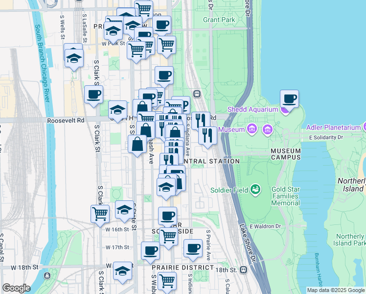 map of restaurants, bars, coffee shops, grocery stores, and more near 1344 South Indiana Parkway in Chicago