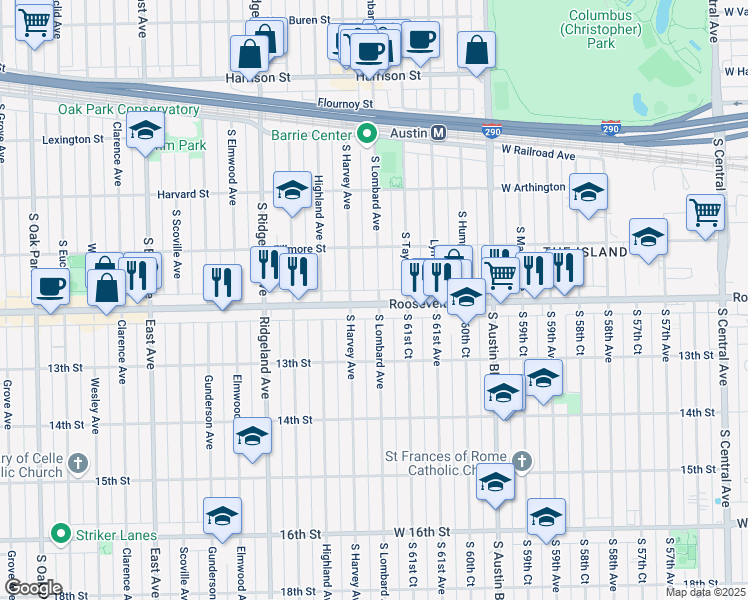 map of restaurants, bars, coffee shops, grocery stores, and more near 6221 Roosevelt Road in Berwyn