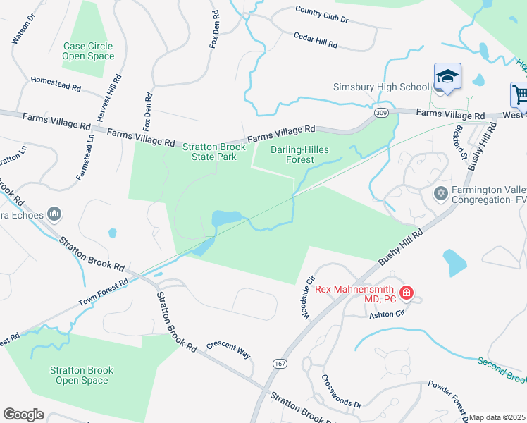 map of restaurants, bars, coffee shops, grocery stores, and more near 132-158 Connecticut 309 in Simsbury
