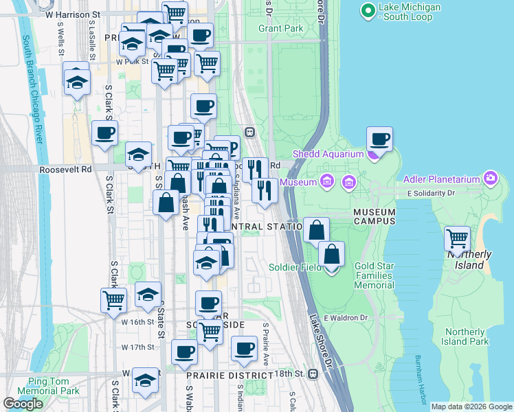 map of restaurants, bars, coffee shops, grocery stores, and more near 1200 South Prairie Avenue in Chicago