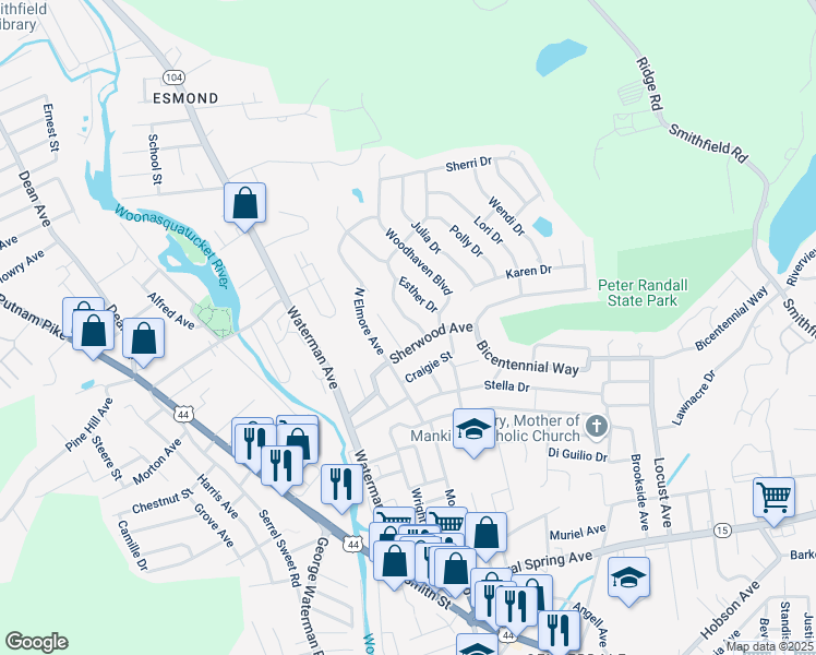 map of restaurants, bars, coffee shops, grocery stores, and more near 1 Berwick Avenue in North Providence