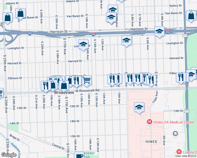 map of restaurants, bars, coffee shops, grocery stores, and more near 2121 South 13th Avenue in Maywood