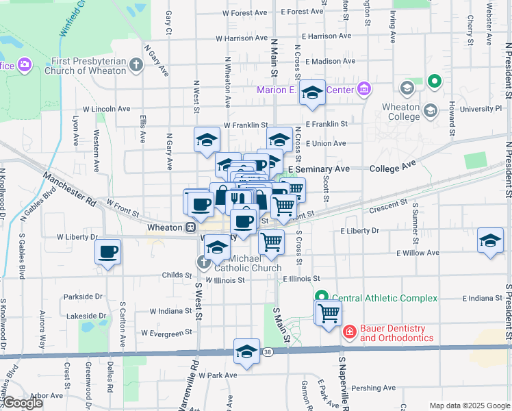map of restaurants, bars, coffee shops, grocery stores, and more near 123 North Hale Street in Wheaton