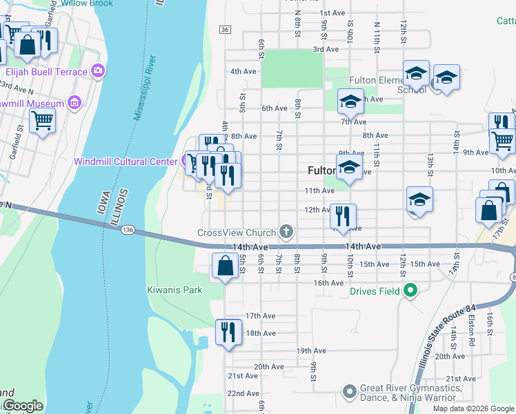 map of restaurants, bars, coffee shops, grocery stores, and more near 519 13th Avenue in Fulton