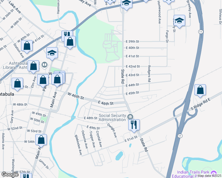 map of restaurants, bars, coffee shops, grocery stores, and more near 1714 East 44th Street in Ashtabula