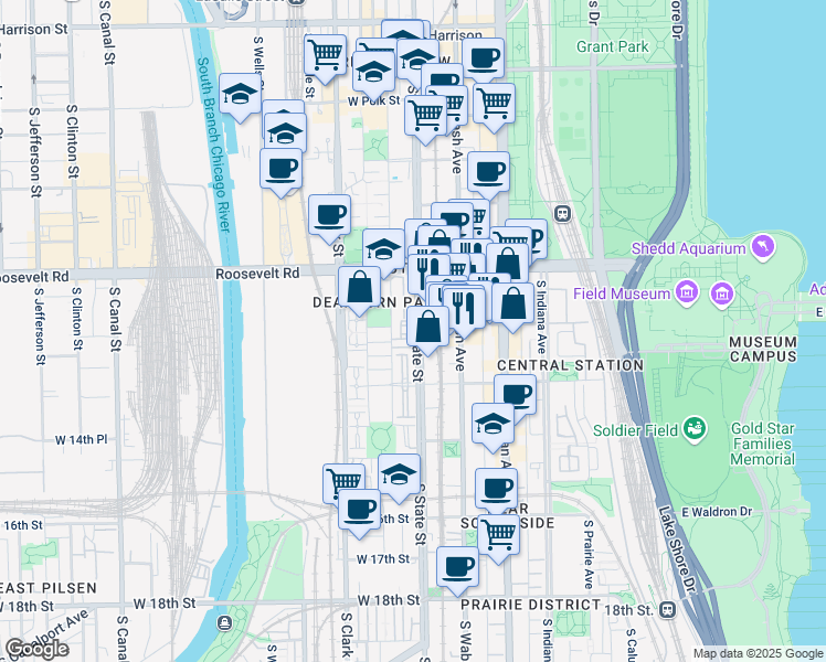 map of restaurants, bars, coffee shops, grocery stores, and more near 1301 South State Street in Chicago