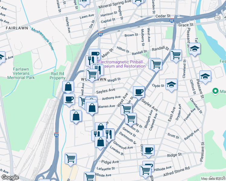 map of restaurants, bars, coffee shops, grocery stores, and more near 290 Sayles Avenue in Pawtucket