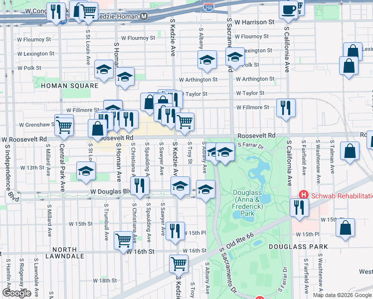 map of restaurants, bars, coffee shops, grocery stores, and more near 1246 South Troy Street in Chicago