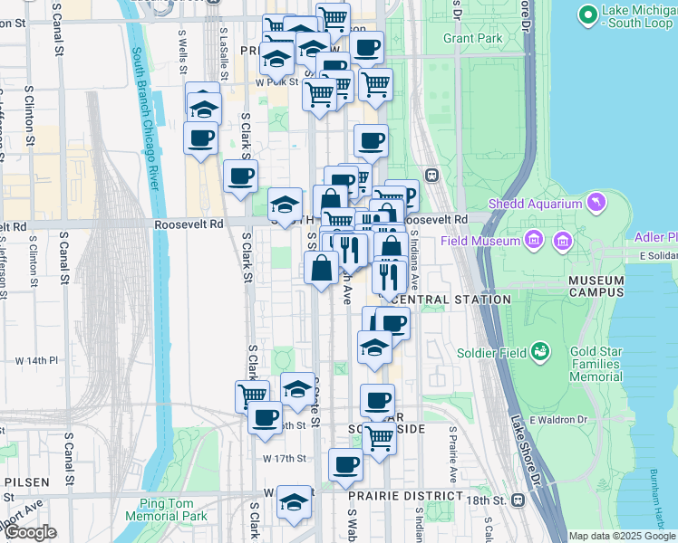 map of restaurants, bars, coffee shops, grocery stores, and more near 1300 South Wabash Avenue in Chicago