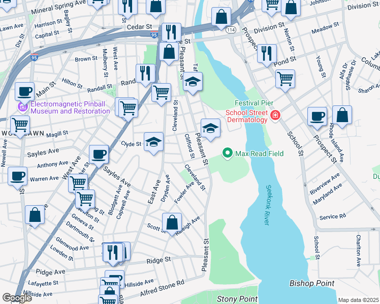 map of restaurants, bars, coffee shops, grocery stores, and more near 120 Lyman Street in Pawtucket