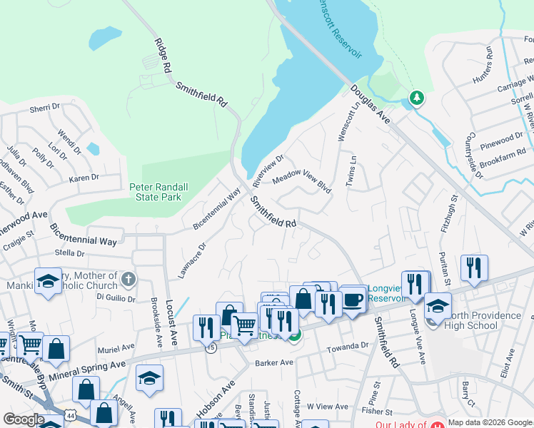 map of restaurants, bars, coffee shops, grocery stores, and more near 701 Saint James Court in North Providence