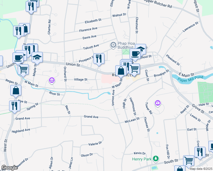 map of restaurants, bars, coffee shops, grocery stores, and more near 83 West Main Street in Vernon