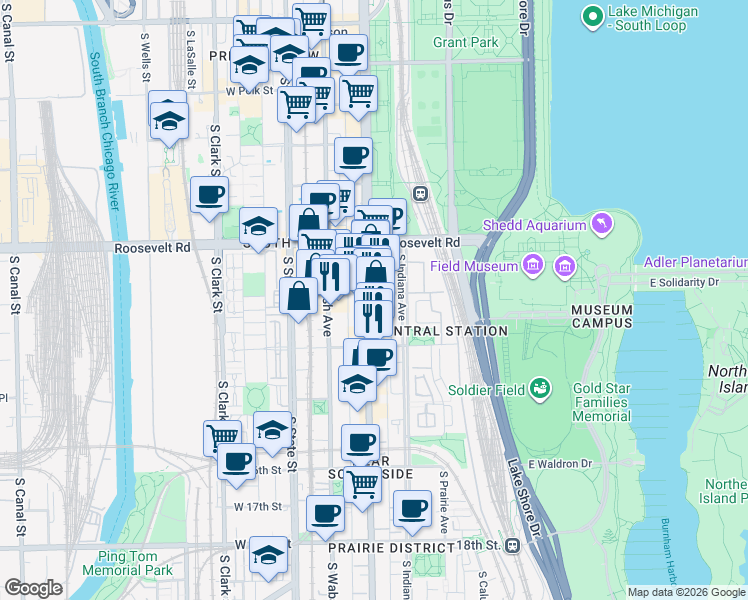map of restaurants, bars, coffee shops, grocery stores, and more near 1325 South Michigan Avenue in Chicago