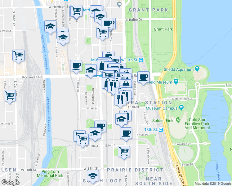 map of restaurants, bars, coffee shops, grocery stores, and more near 1327 South Wabash Avenue in Chicago