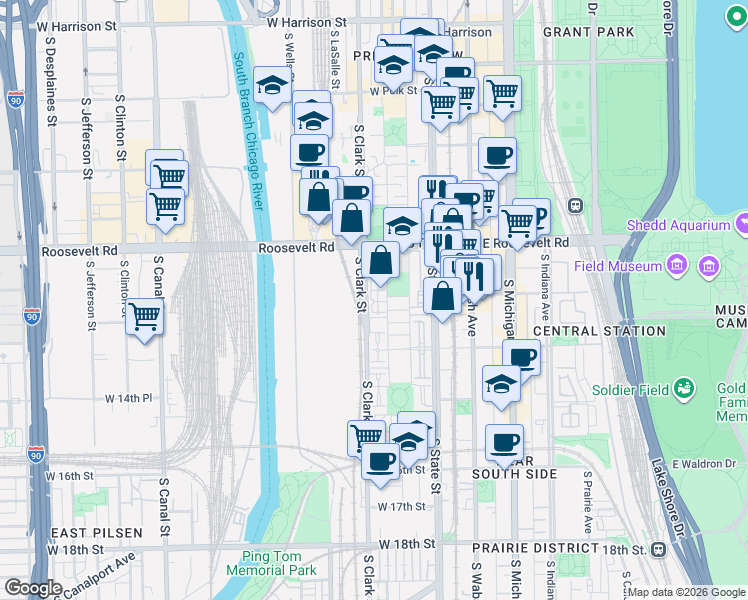 map of restaurants, bars, coffee shops, grocery stores, and more near 1328A South Federal Street in Chicago