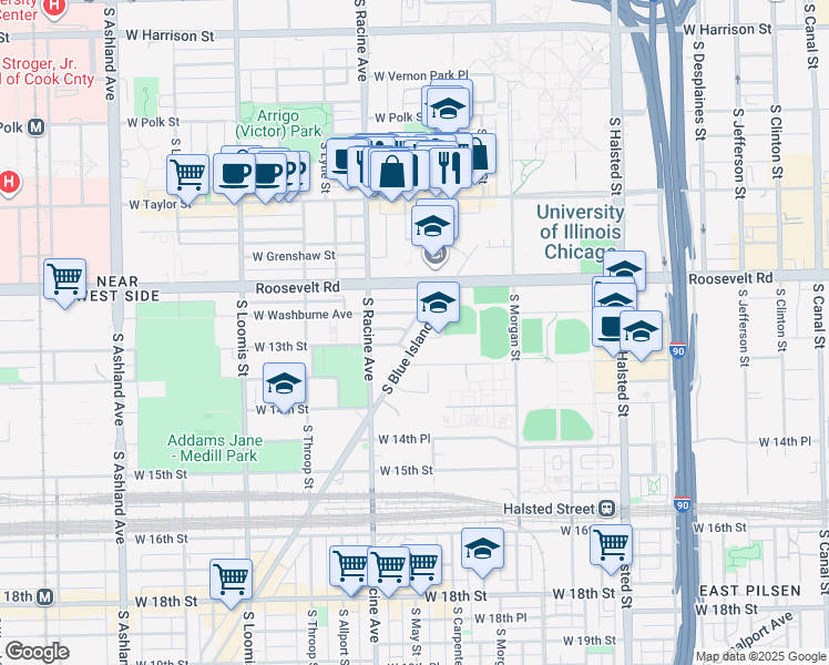 map of restaurants, bars, coffee shops, grocery stores, and more near 1300 South Blue Island Avenue in Chicago