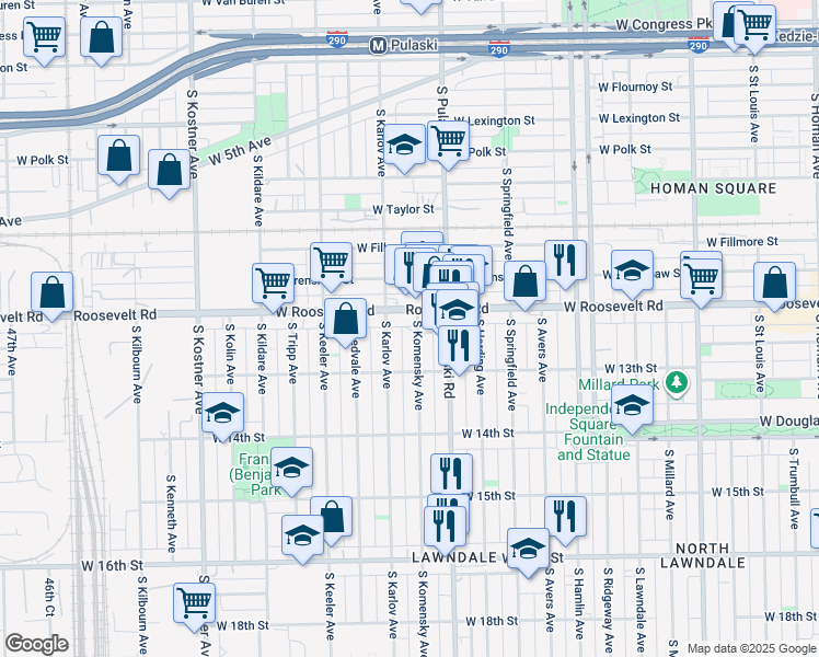 map of restaurants, bars, coffee shops, grocery stores, and more near 1239 South Komensky Avenue in Chicago