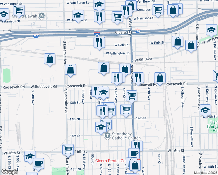 map of restaurants, bars, coffee shops, grocery stores, and more near 1220 South 49th Court in Cicero