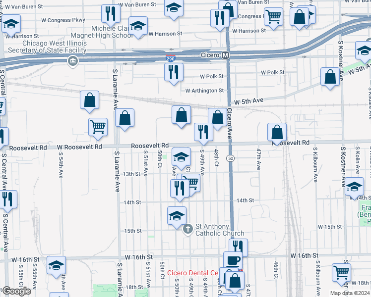 map of restaurants, bars, coffee shops, grocery stores, and more near 1220 South 49th Court in Cicero