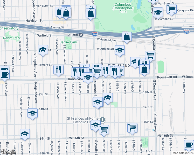 map of restaurants, bars, coffee shops, grocery stores, and more near 1167 South Austin Boulevard in Cicero