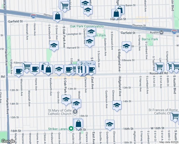 map of restaurants, bars, coffee shops, grocery stores, and more near 6601 12th Street in Oak Park