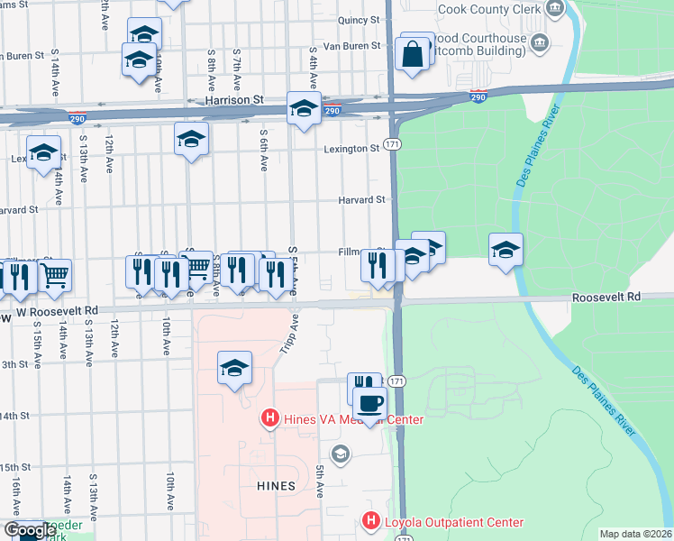 map of restaurants, bars, coffee shops, grocery stores, and more near 2129 South 4th Avenue in Maywood