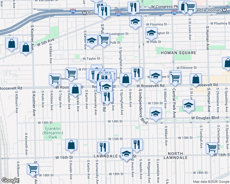map of restaurants, bars, coffee shops, grocery stores, and more near 1217 South Harding Avenue in Chicago