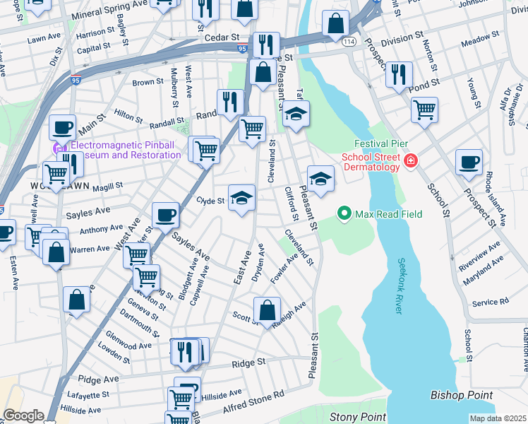 map of restaurants, bars, coffee shops, grocery stores, and more near 21 Manning Street in Pawtucket