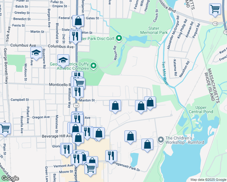 map of restaurants, bars, coffee shops, grocery stores, and more near 180 Parkview Drive in Pawtucket