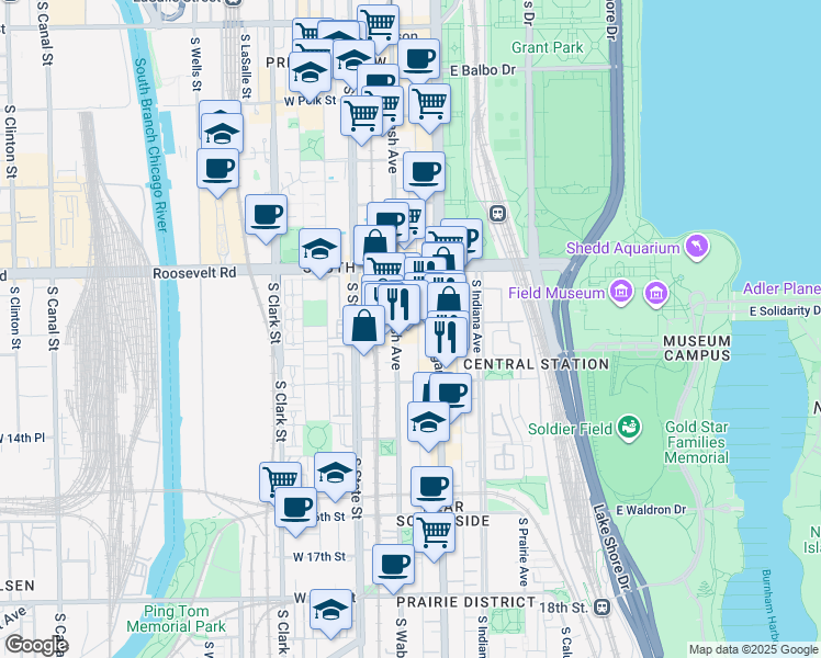 map of restaurants, bars, coffee shops, grocery stores, and more near 1327 South Wabash Avenue in Chicago