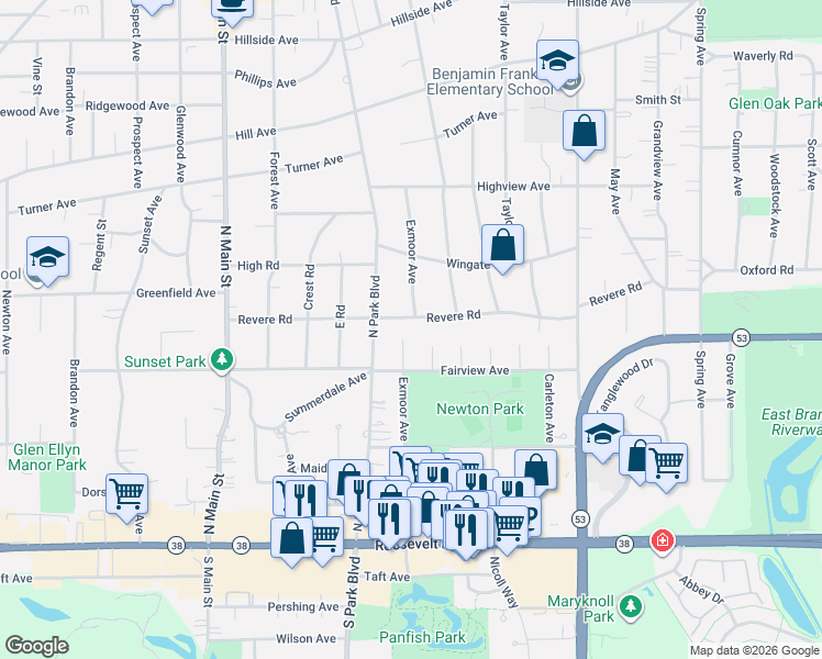 map of restaurants, bars, coffee shops, grocery stores, and more near 152 North Milton Avenue in Glen Ellyn