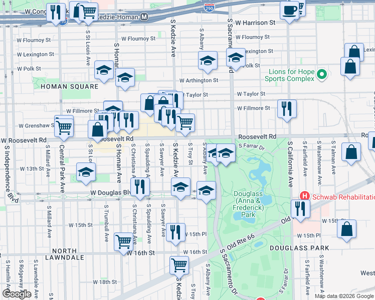 map of restaurants, bars, coffee shops, grocery stores, and more near 1224 South Troy Street in Chicago
