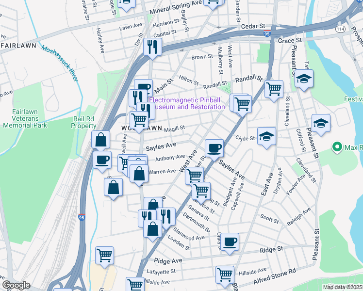 map of restaurants, bars, coffee shops, grocery stores, and more near 47 Anthony Avenue in Pawtucket