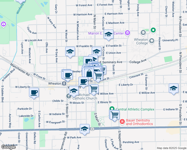map of restaurants, bars, coffee shops, grocery stores, and more near 107 West Front Street in Wheaton