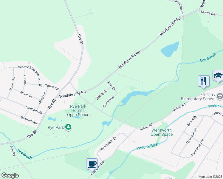 map of restaurants, bars, coffee shops, grocery stores, and more near 55 Gordon Drive in South Windsor