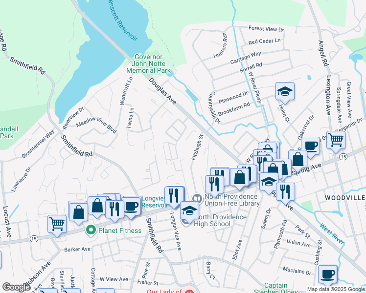 map of restaurants, bars, coffee shops, grocery stores, and more near 1560 Douglas Avenue in North Providence