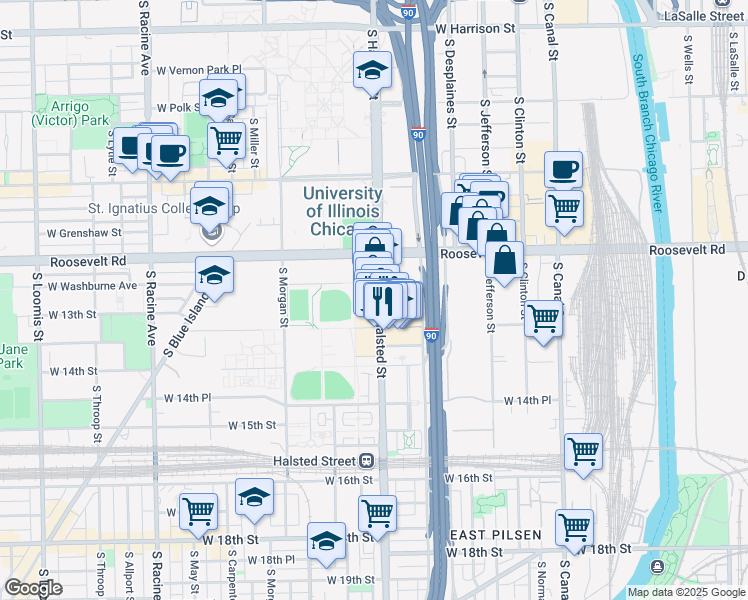 map of restaurants, bars, coffee shops, grocery stores, and more near 1313 South Halsted Street in Chicago