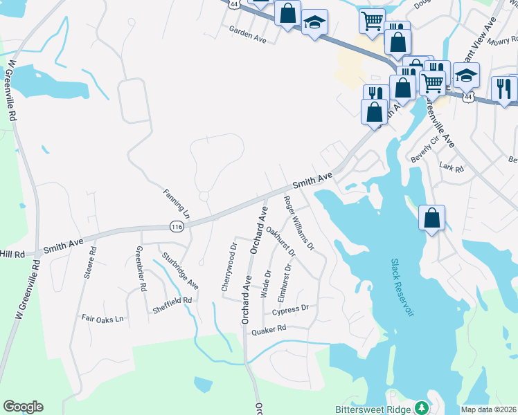 map of restaurants, bars, coffee shops, grocery stores, and more near 0 Orchard Avenue in Smithfield