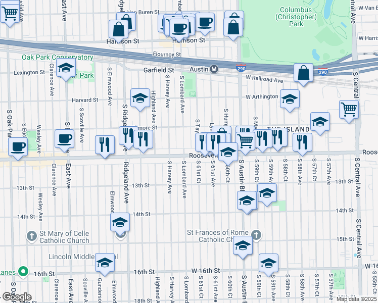 map of restaurants, bars, coffee shops, grocery stores, and more near 1211 South Lombard Avenue in Cicero
