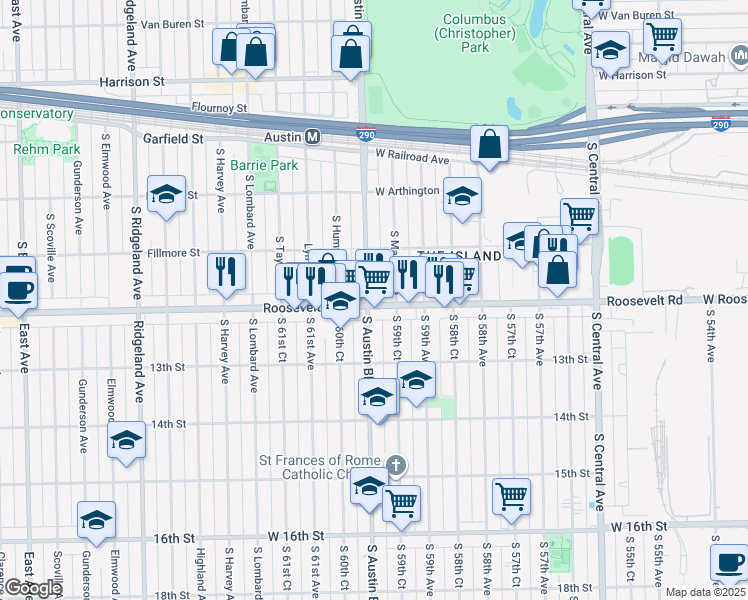 map of restaurants, bars, coffee shops, grocery stores, and more near 1167 South Austin Boulevard in Cicero