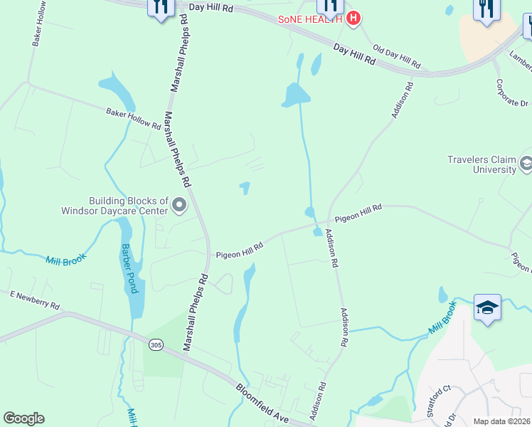 map of restaurants, bars, coffee shops, grocery stores, and more near 610 Pigeon Hill Road in Windsor