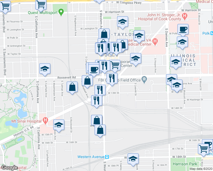 map of restaurants, bars, coffee shops, grocery stores, and more near 2350 West Ogden Avenue in Chicago