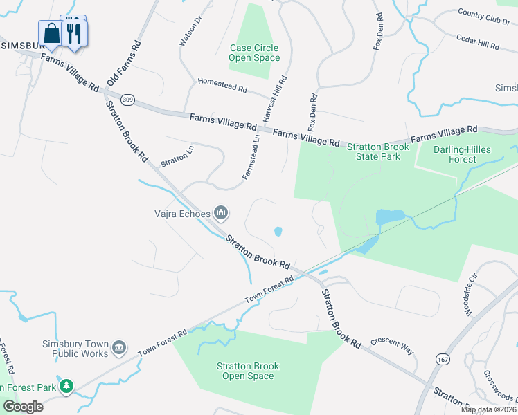 map of restaurants, bars, coffee shops, grocery stores, and more near 10 Pondside Lane in Simsbury