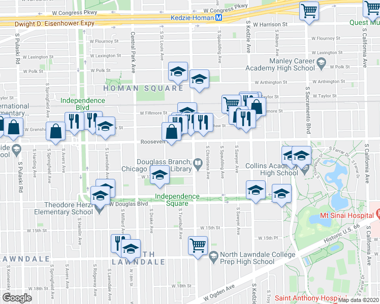 map of restaurants, bars, coffee shops, grocery stores, and more near 1220 South Homan Avenue in Chicago