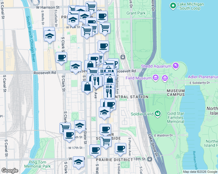 map of restaurants, bars, coffee shops, grocery stores, and more near 1301 South Michigan Avenue in Chicago