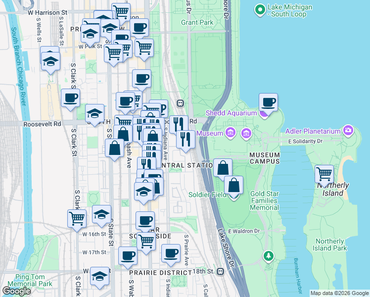 map of restaurants, bars, coffee shops, grocery stores, and more near 233 East 13th Street in Chicago