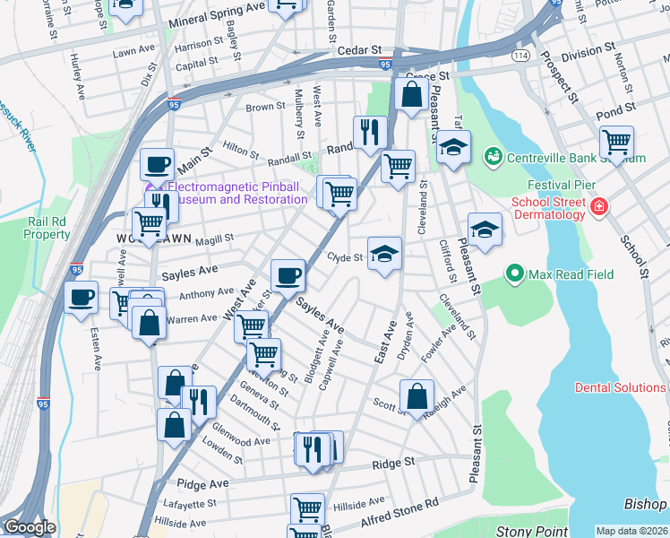 map of restaurants, bars, coffee shops, grocery stores, and more near 36 Kimball Avenue in Pawtucket
