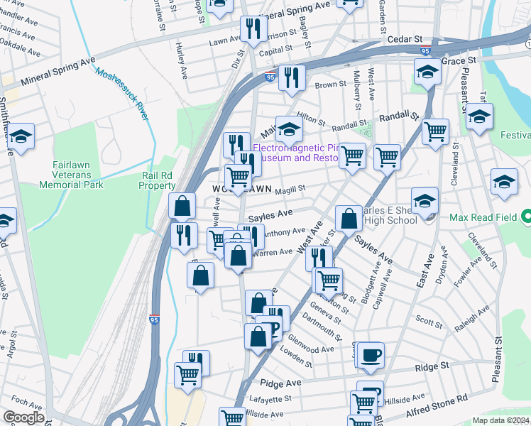 map of restaurants, bars, coffee shops, grocery stores, and more near 964 Main Street in Pawtucket