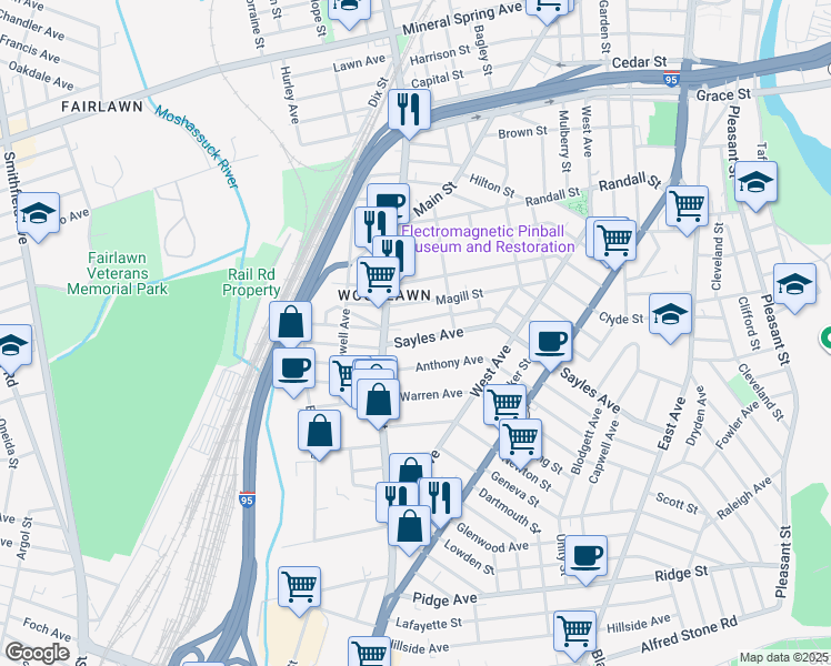 map of restaurants, bars, coffee shops, grocery stores, and more near 964 Main Street in Pawtucket